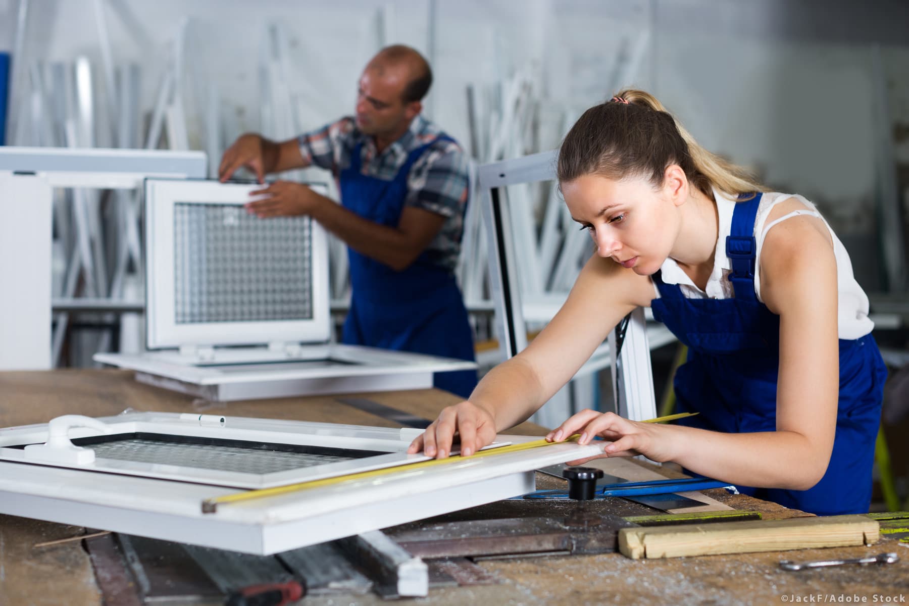 Craftswoman is checking dimensions of finished plastic window us